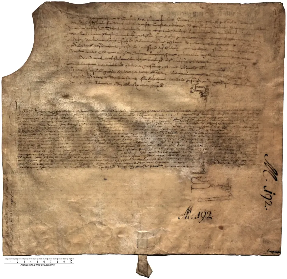 &copy; Parchemin conservé aux Archives de la Ville de Lausanne, Section anciennes, fonds du Corps de Ville, M 192, sur lequel figurent 3 actes distincts mais liés entre eux.