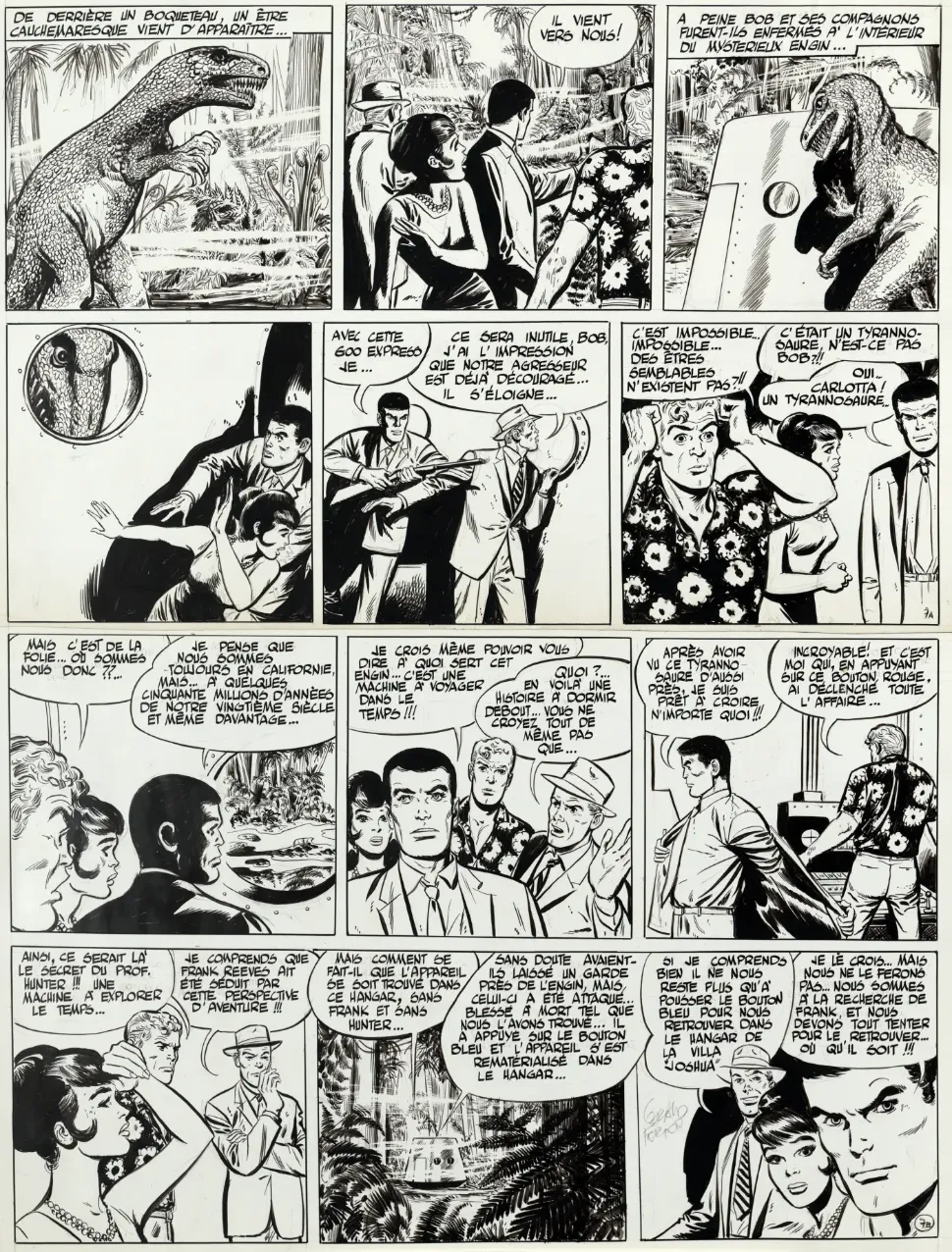 &copy; Gérald Forton, «Bob Morane», volume 9: «La chasse aux dinosaures», Gérald Forton (dessin), Henri Vernes (scénario), Lefrancq, 1993. Paru dans «Pilote» en 1965.