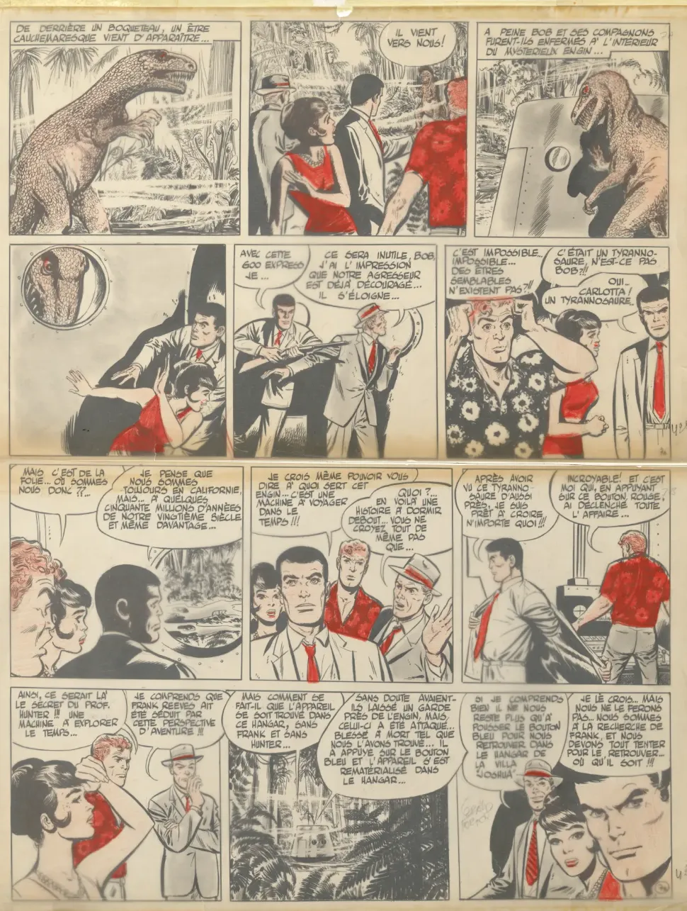 &copy; Gérald Forton, «Bob Morane», volume 9: «La chasse aux dinosaures», Gérald Forton (dessin), Henri Vernes (scénario), Lefrancq, 1993. Paru dans «Pilote» en 1965.
