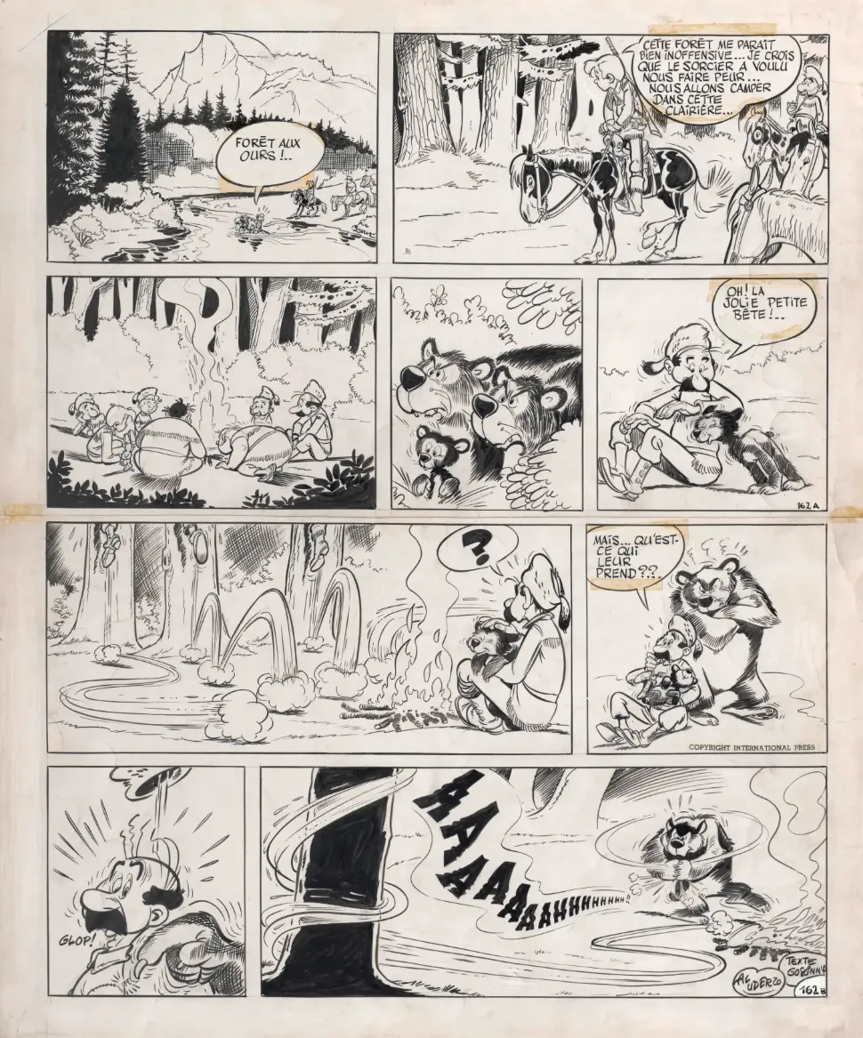 &copy; Albert Uderzo, «Jehan Pistolet», volume 4: «Jehan Pistolet en Amérique», Albert Uderzo (dessin), René Goscinny (scénario), éditions Albert René, 2002, p. 31. Paru dans «La libre Junior» entre 1952-1956, puis dans «Pilote» entre 1960-1961, sous le titre «Jehan Soupolet, le corsaire du Roy».