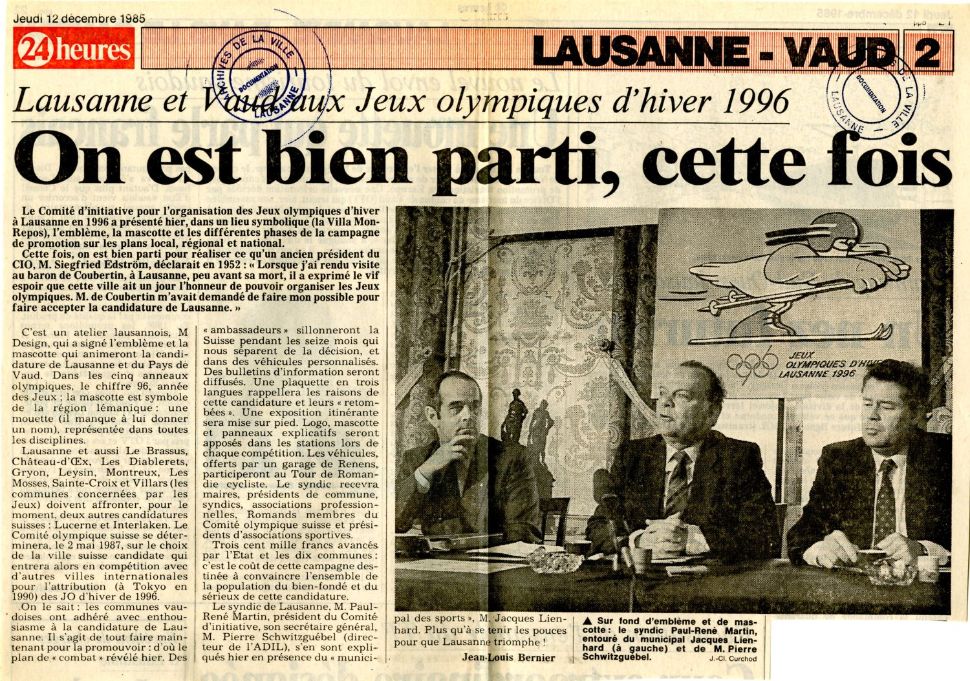 © AVL, article paru dans le 24 Heures du 12 décembre 1985, section documentation, série «Jeux olympiques 1994-1996», classeur «Candidature I»