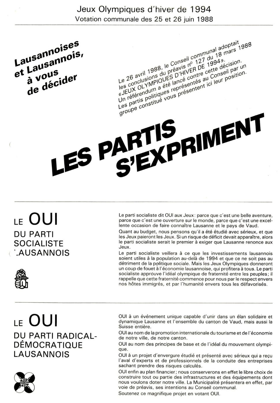 © AVL, section archives administratives, fonds Elections et votations (B4), boîte 148/6775, votation communale du 26 juin 1988, fourre  Organisation administrative du vote, résultats officiels»