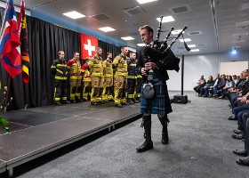 Remise des brevets fédéraux Académie latine des sapeurs-pompiers (ALSP). Cérémonie de remise des brevets fédéraux. Etablisemment cantonal d'assurance du canton de Vaud (ECA), 13 janvier...