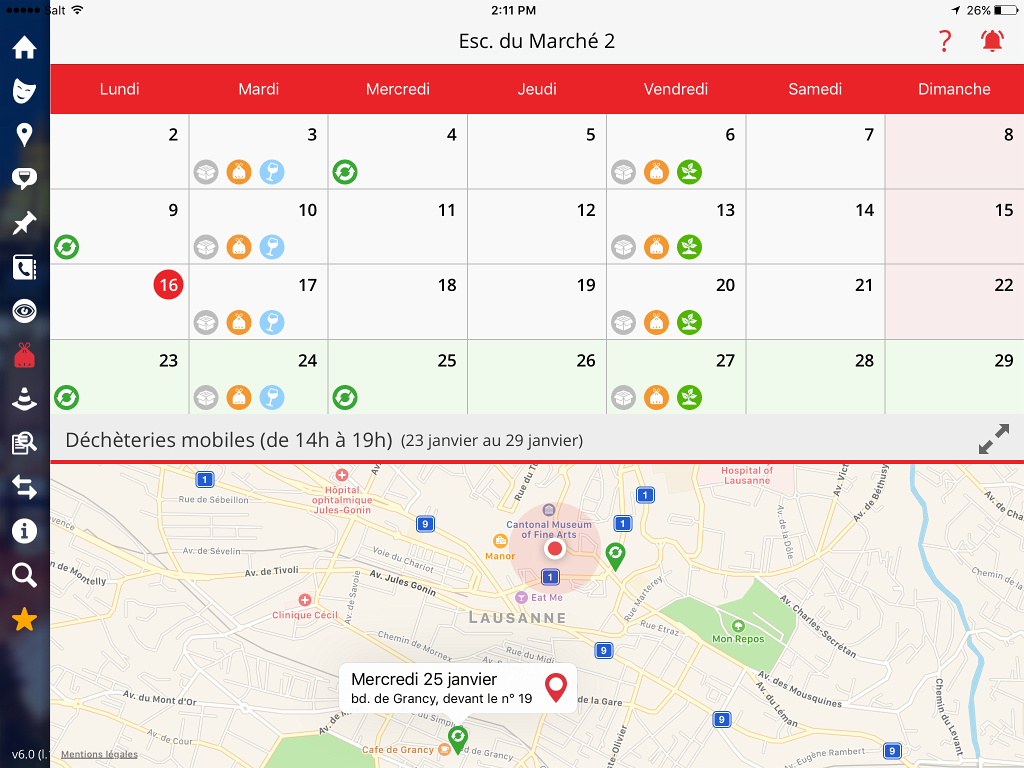 Calendrier interactif indiquant les ramassages porte-à-porte ainsi que la présence et l'emplacement des déchèteries mobiles