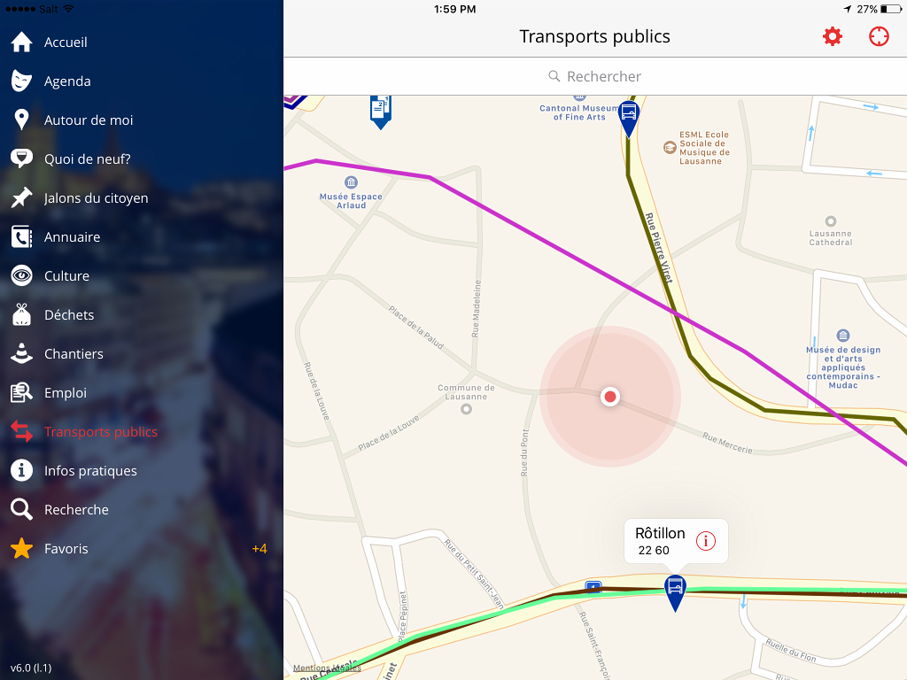 Affichage sur une carte des lignes et arrêts des transports publics à proximité