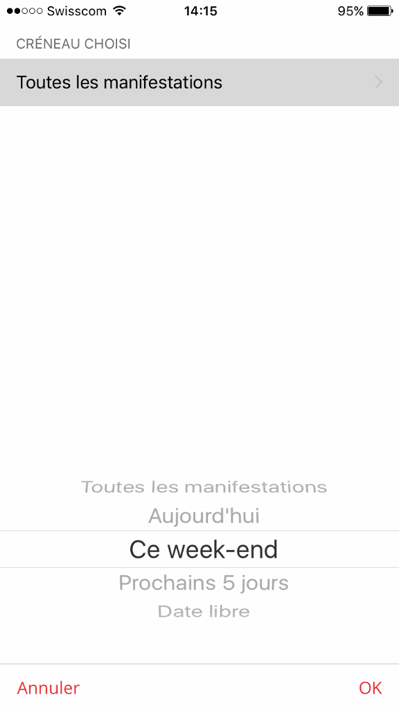 Possibilité de trier par date, lieu et titre ou de filtrer l'affichage par créneau de date