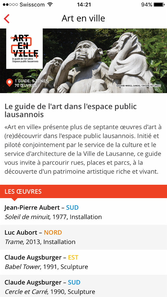 Vue liste du catalogue des œuvres d'art présentes dans l'espace public lausannois