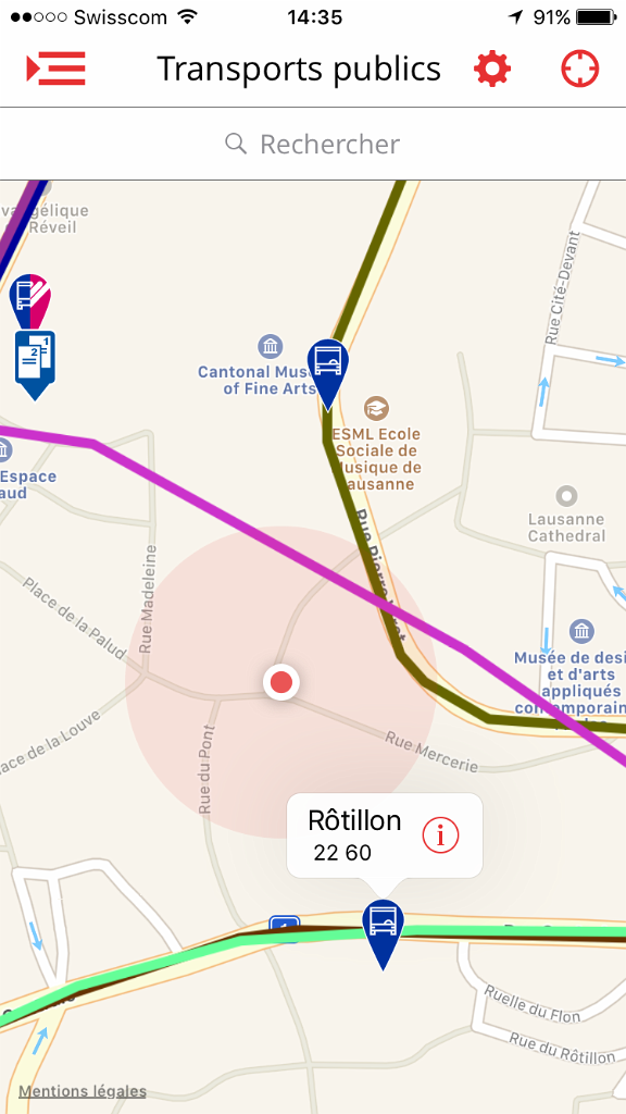Affichage sur une carte des lignes et arrêts des transports publics à proximité