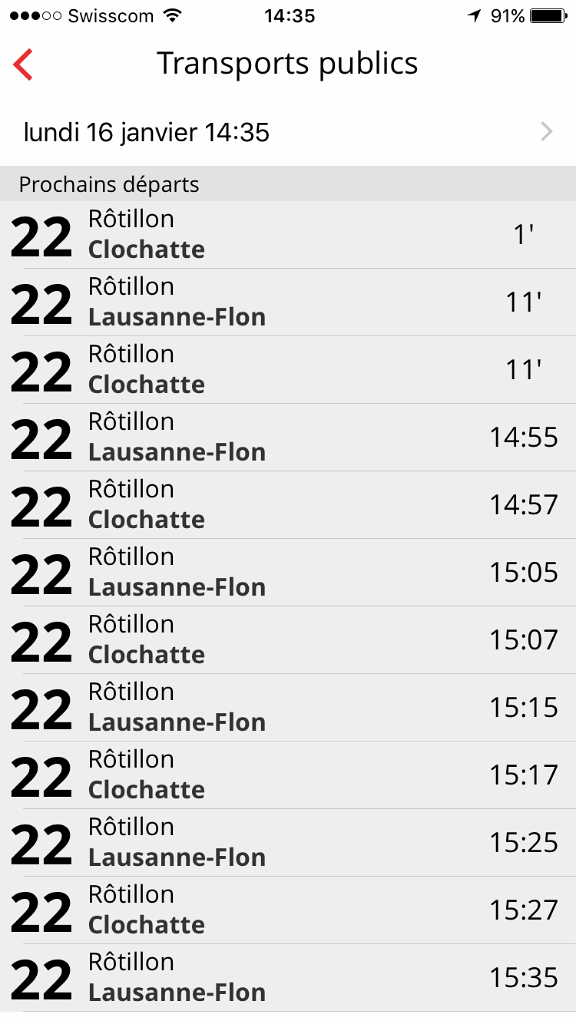 Indication en temps réel des horaires par ligne pour chaque arrêt