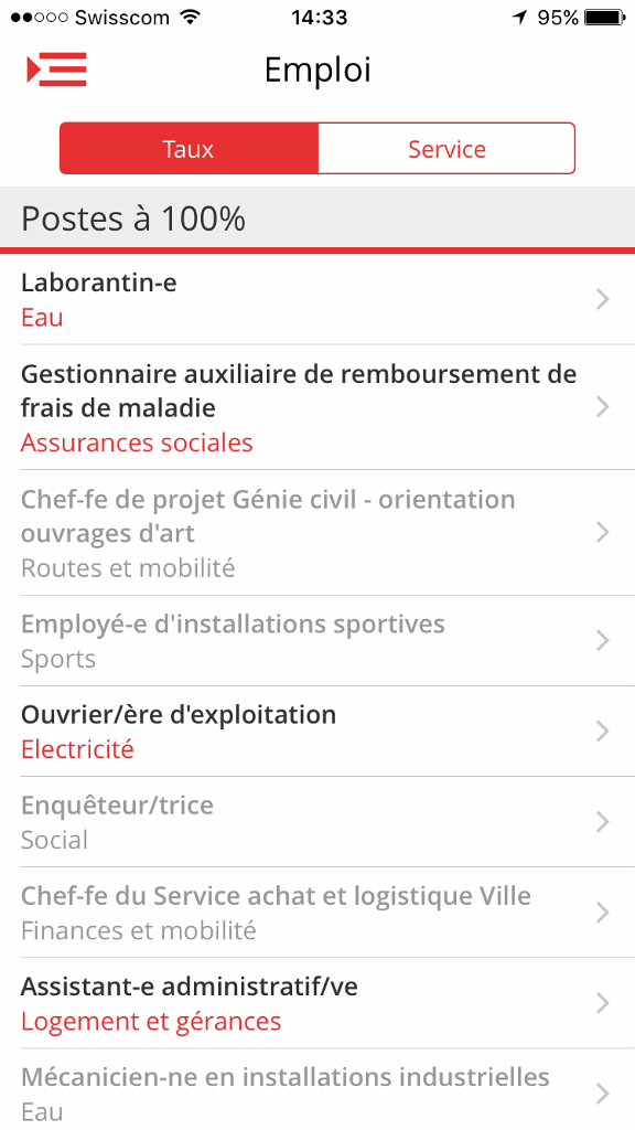 Liste des offres d'emploi avec possibilité de trier par taux d'activité ou service recruteur